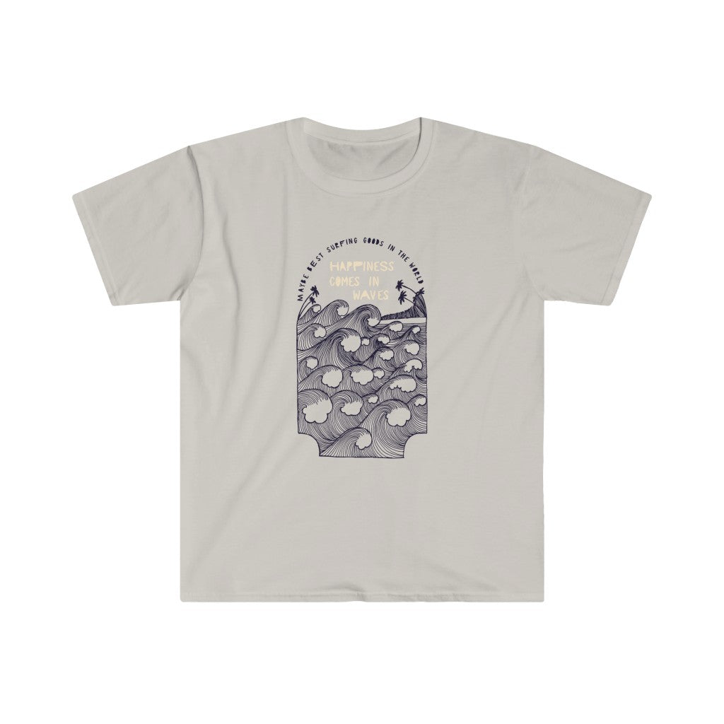 A Happiness Comes in Waves T-Shirt featuring a graphic design, perfect for spreading positive vibes.