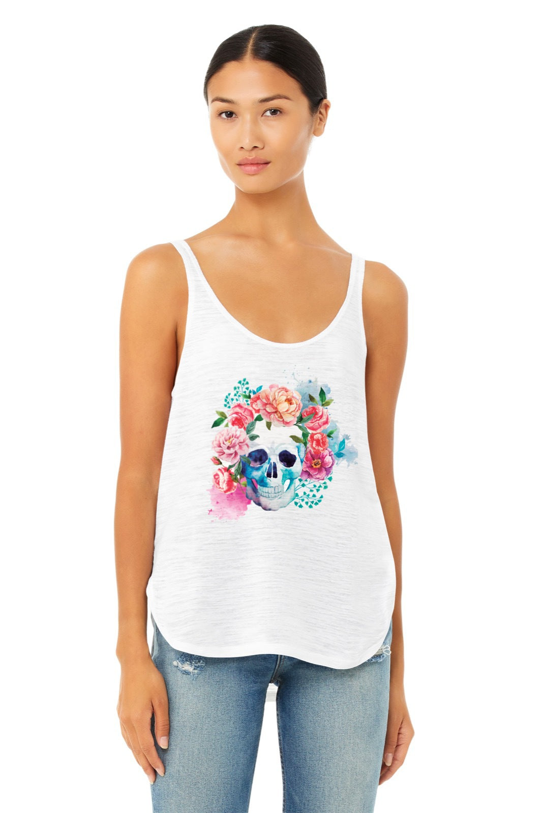 A woman wearing a Flowery Skull Yoga Tank Top made of organic cotton.