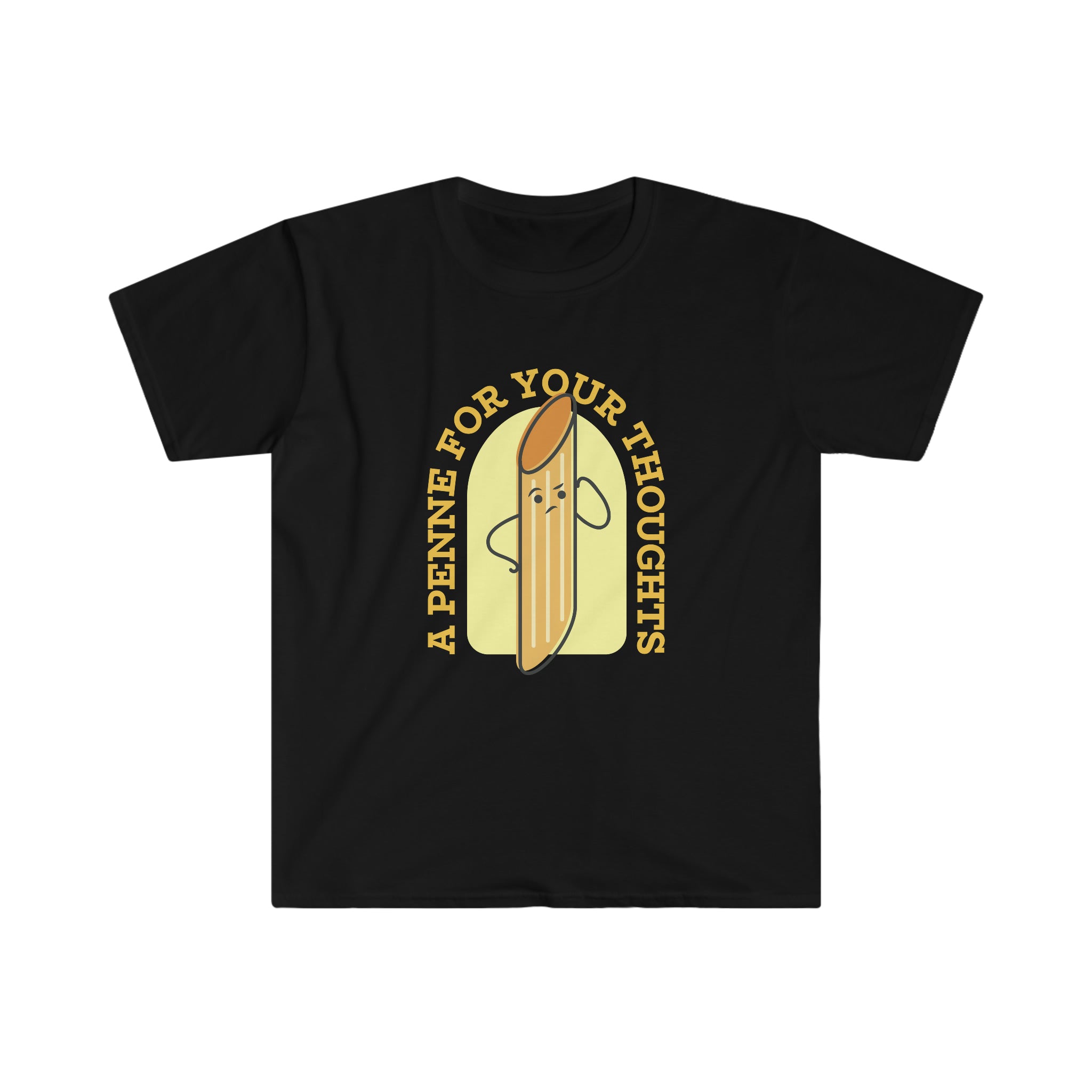 A black t - shirt with an image of "A Penne for your thoughts" on it.