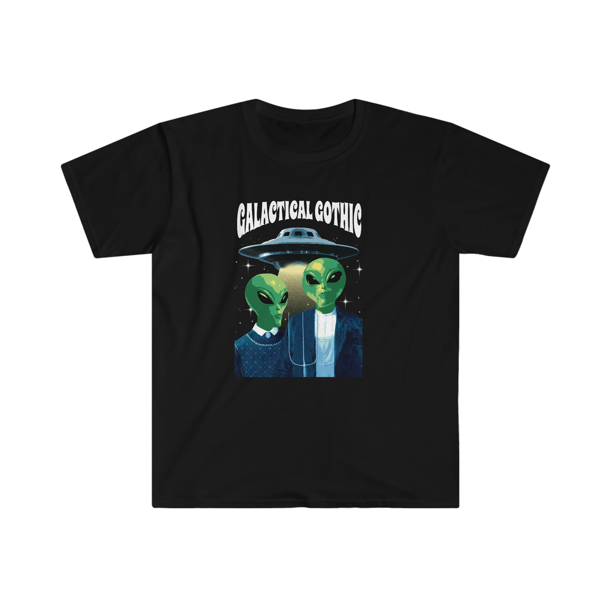 A black t - shirt with two American Gothic UFOs on it.