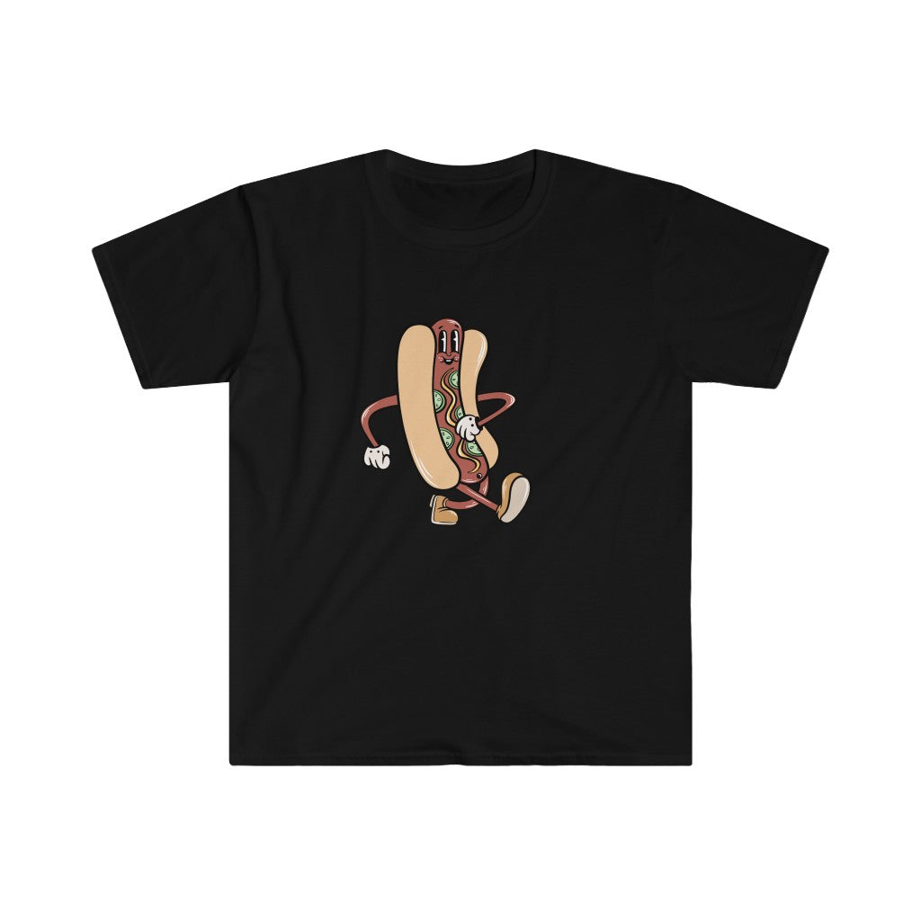 A black Hotdog Cartoon T-Shirt.