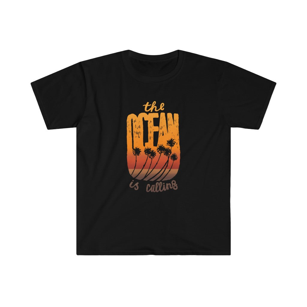 A black The Ocean is Calling T-Shirt with orange and yellow text.