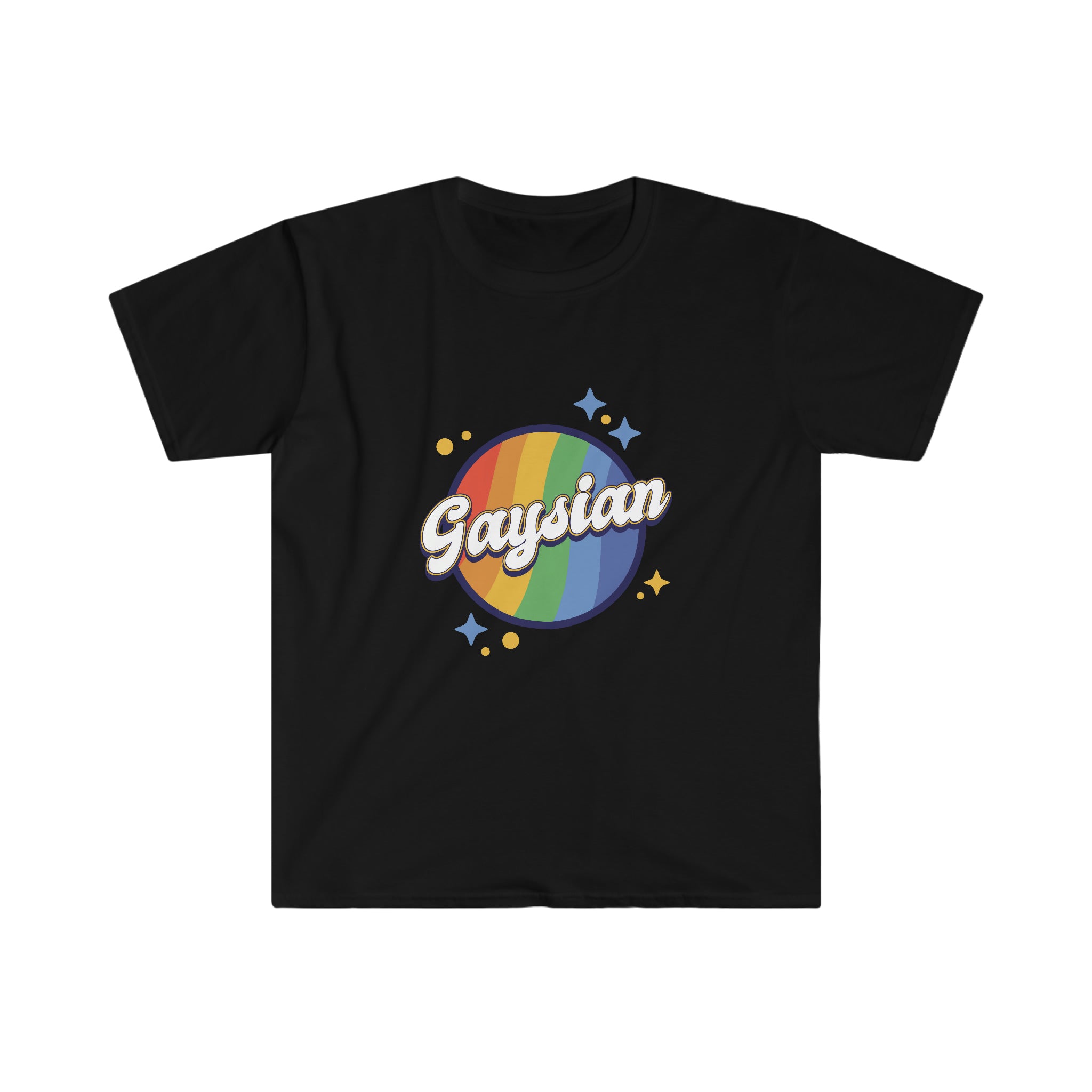A black Gaysian T-shirt with a proud rainbow logo.