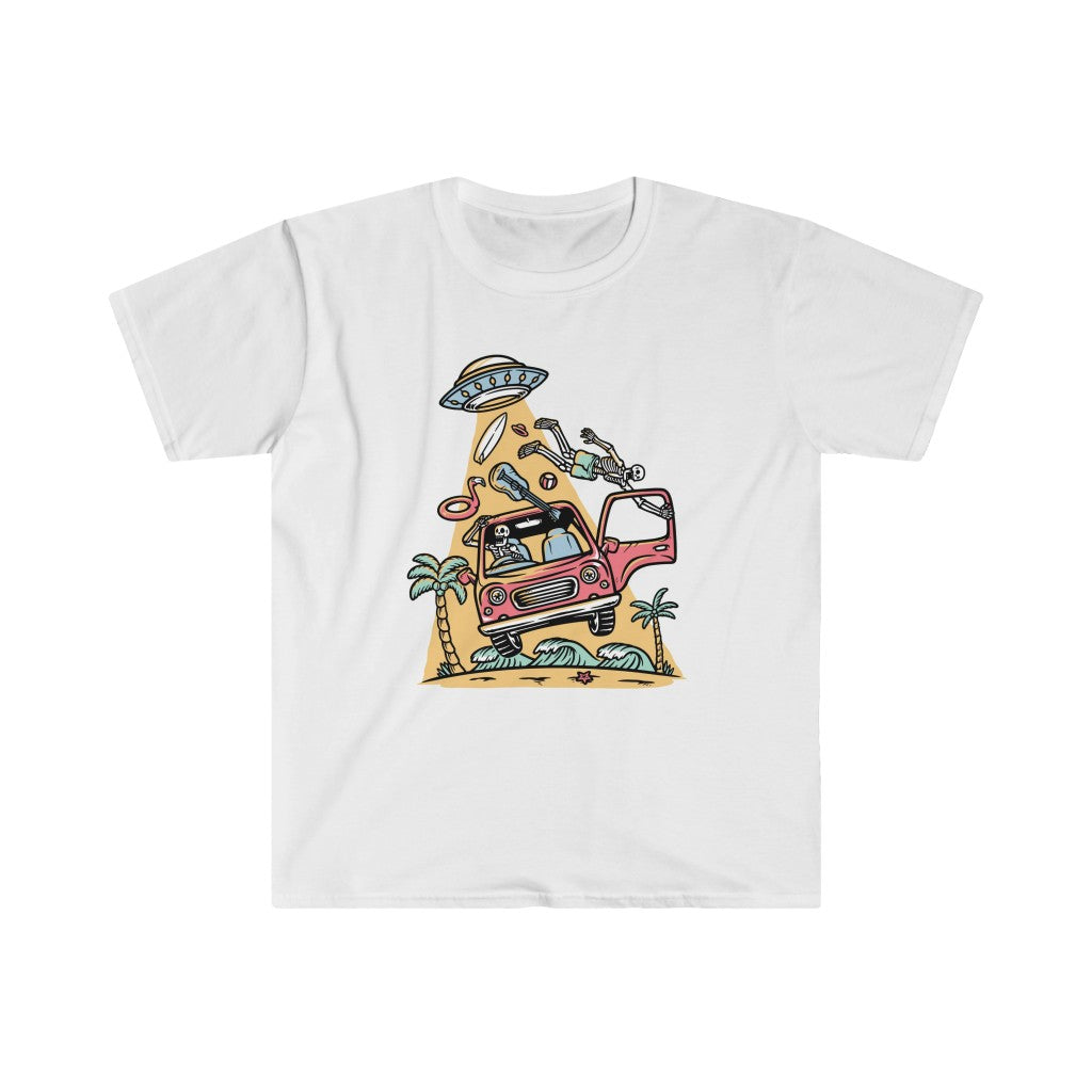 A white Alien Invention t-shirt with an image of a car and a tree.