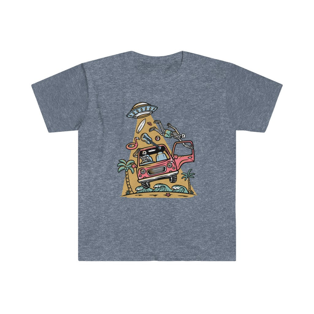 A comfortable Alien Invention T-shirt with a drawing of an Alien Invention T-shirt bus on top of a mountain.