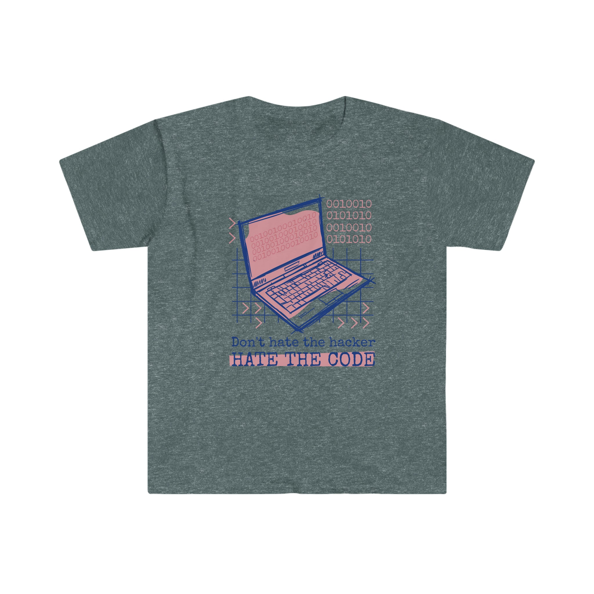 Gray shirt with a graphic of coding books and binary code, featuring the phrase "Don't Hate the Hacker".
