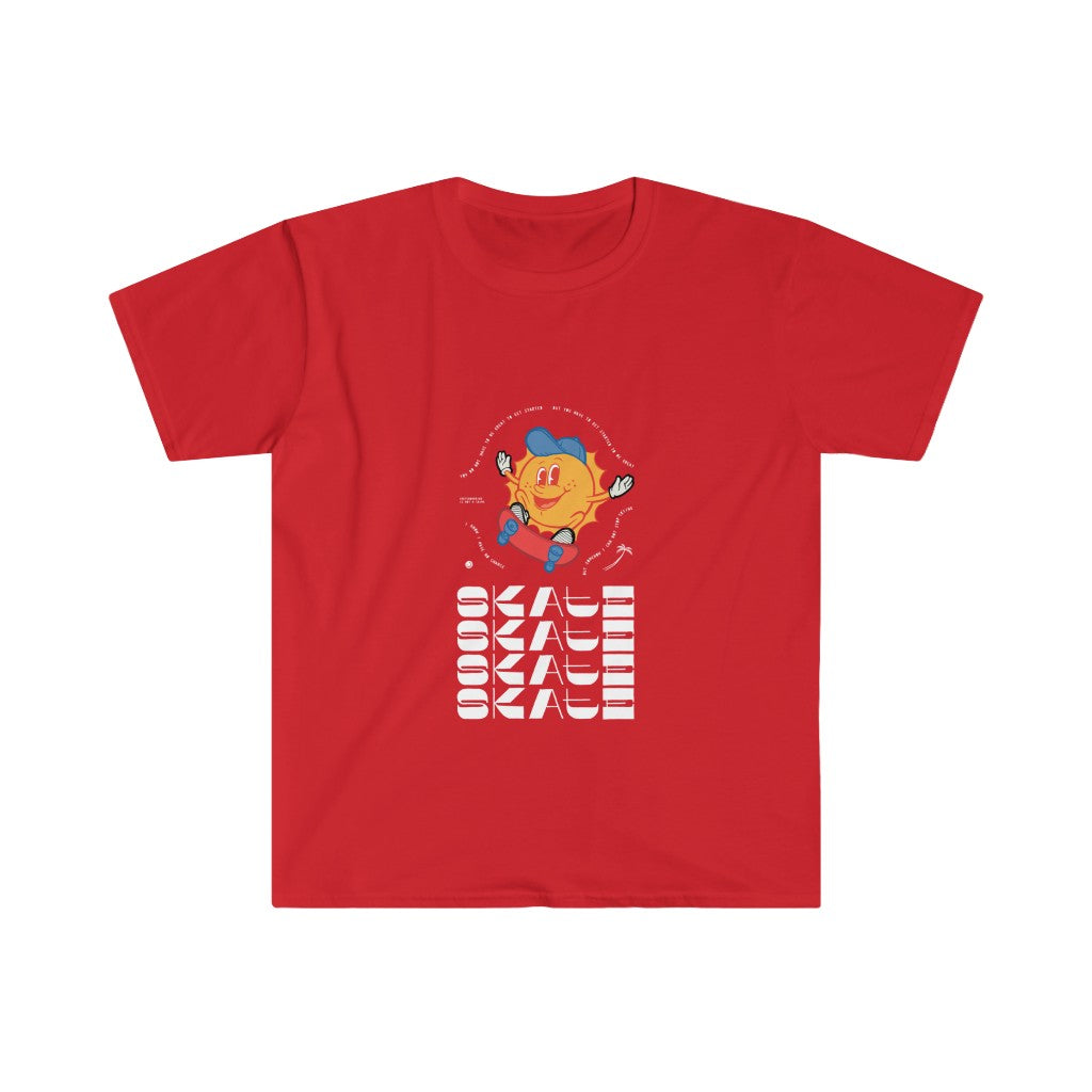 A red Skate Skate Skate Tshirt T-Shirt with an image of a teddy bear on it.
