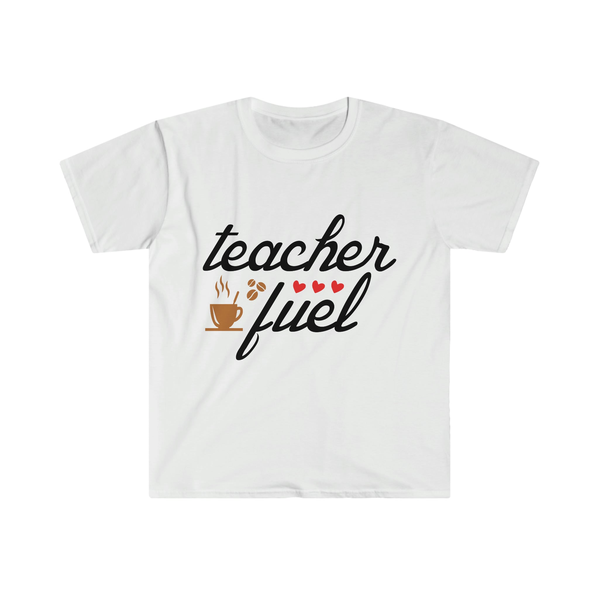 A fashionable white Teacher's Fuel T-Shirt, perfect for making a classroom fashion statement.
