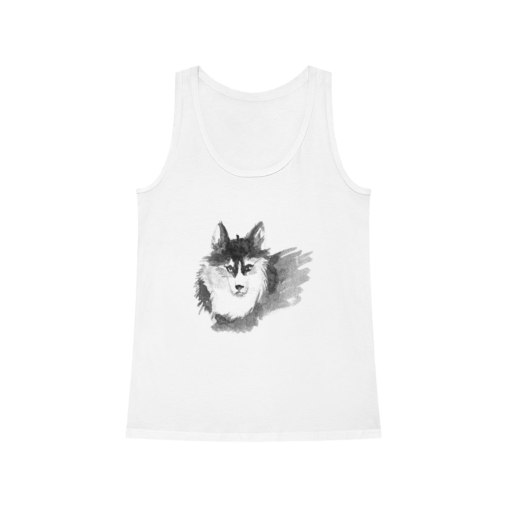 A Wolf Women's Dreamer Tank Top T-Shirt featuring a husky dog image, perfect for adding style to your outfit.