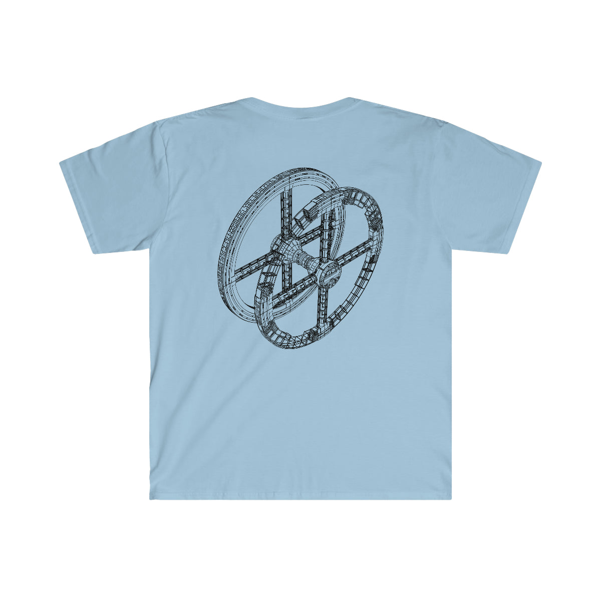 A light blue Deep Space Station t - shirt with an image of a wheel. (Brand: One Tee Project)