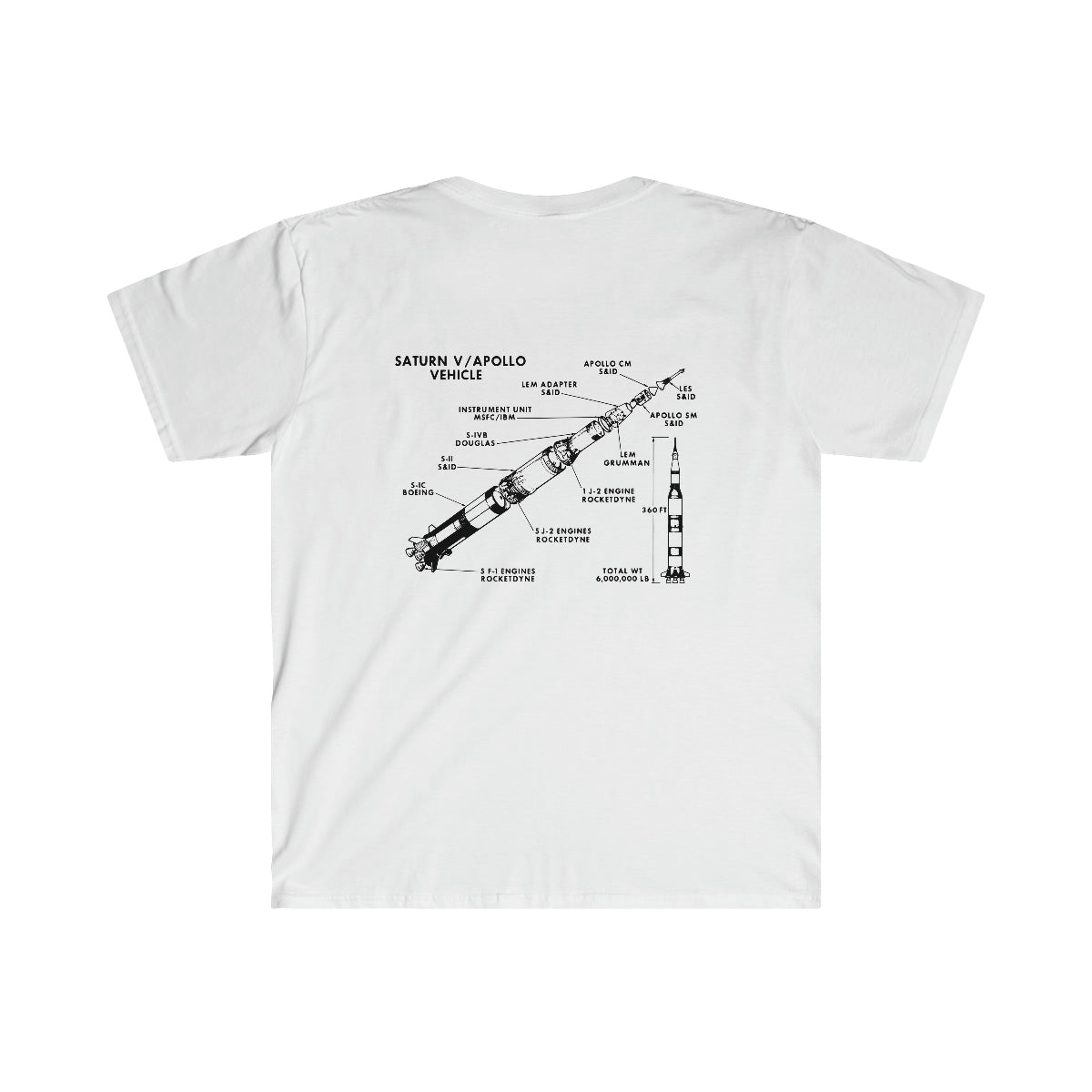 A white Saturn / Apollo Vehicle T-Shirt, perfect for space exploration enthusiasts.