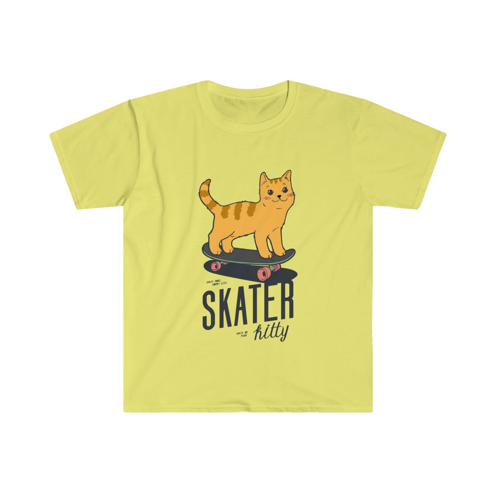Get your street style on with the Skater Kitty T-Shirt! This adorable design features a yellow t-shirt with a cat on a skateboard.