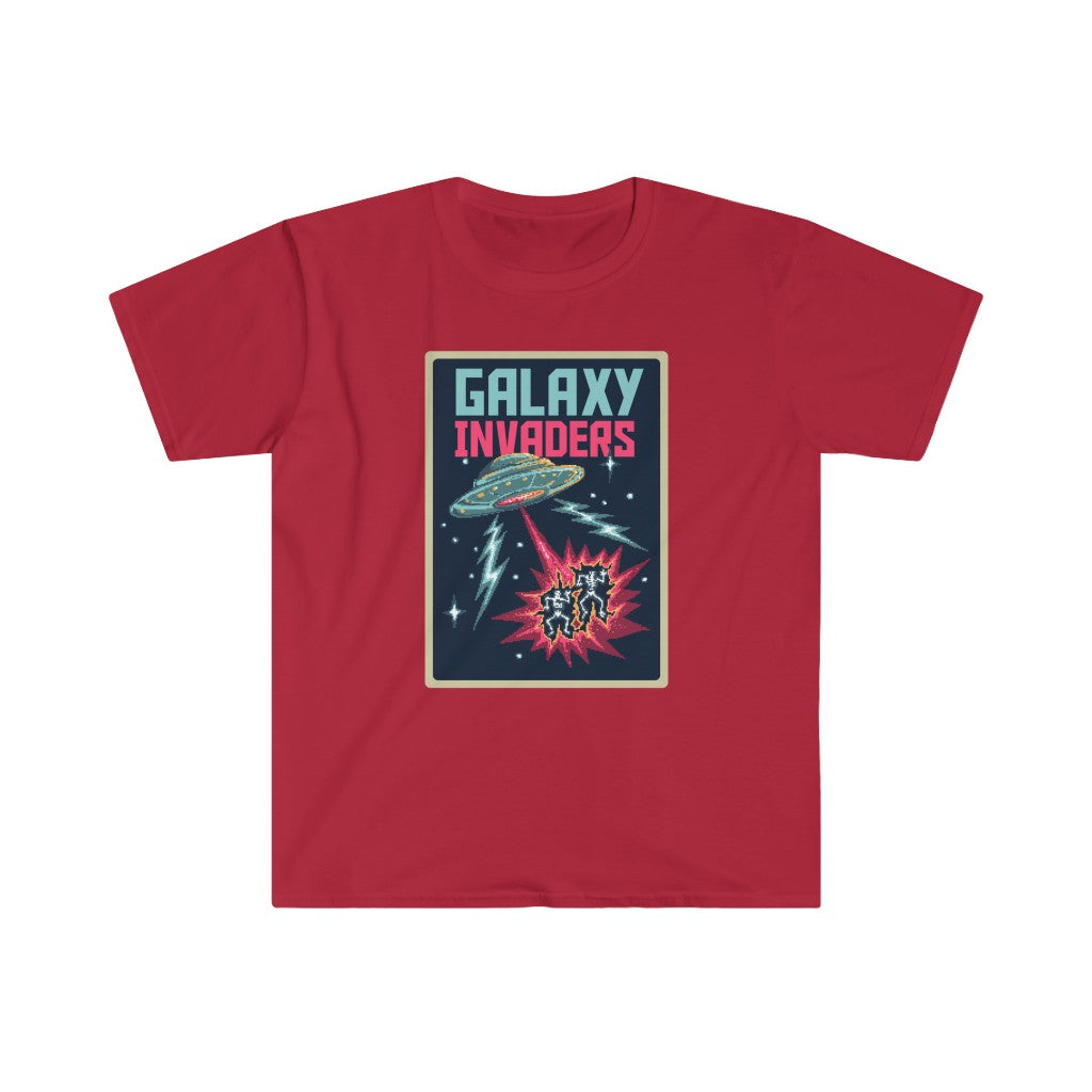 A Pixel Galaxy invaders T-Shirt with a pixelated spaceship design in red.