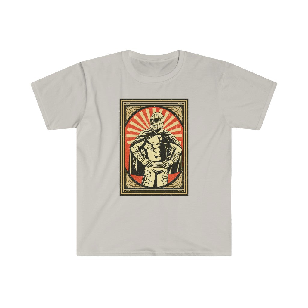 A Mexican Wrestler T-Shirt with a luchador-style image of a man holding a sword is called the Mexican Wrestler T-Shirt.