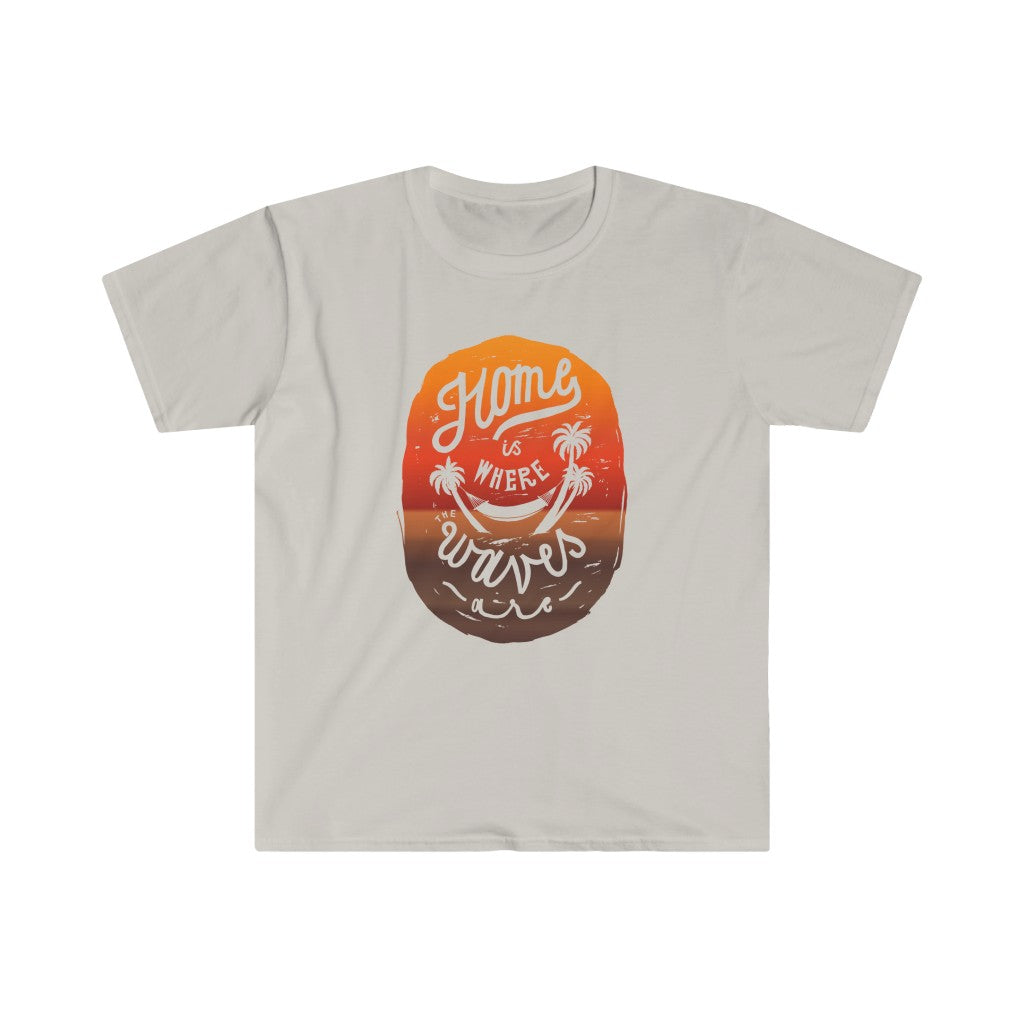 A Home is Where Waves Are T-Shirt with a beach babe graphic design.