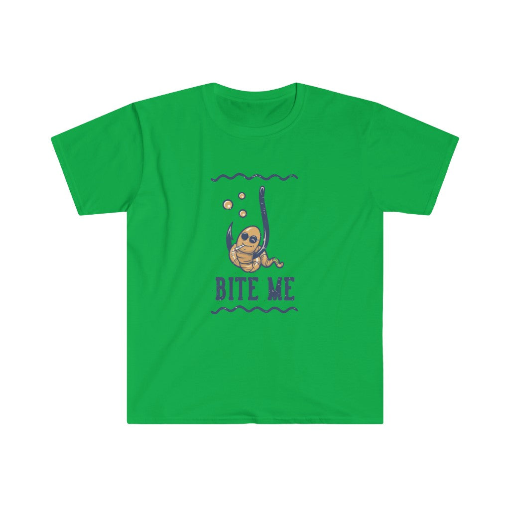 A playful Bite Me T-Shirt in green with the phrase "bite me.