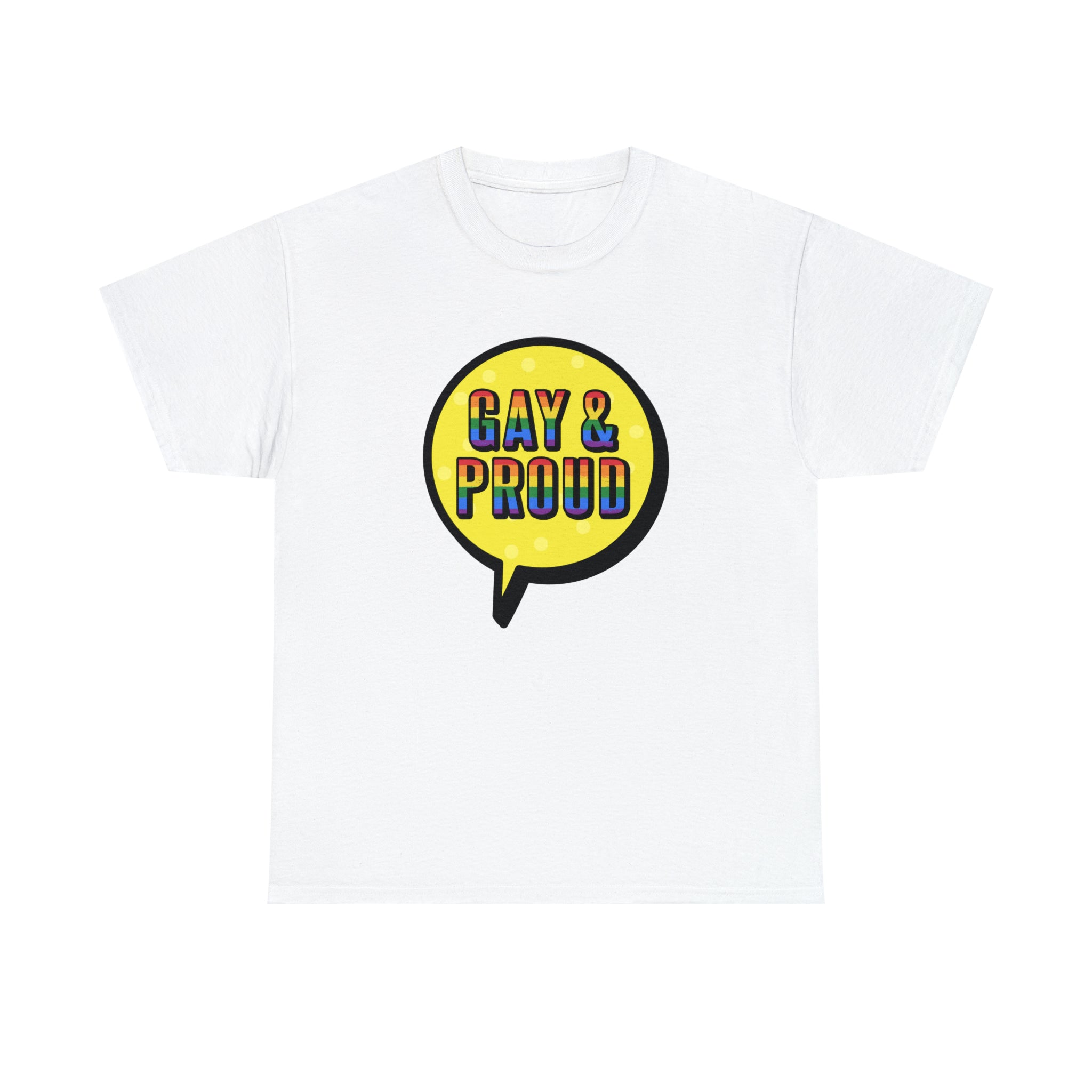 A comfortable Gay & Proud T-shirt adorned with a yellow and blue circle featuring text.