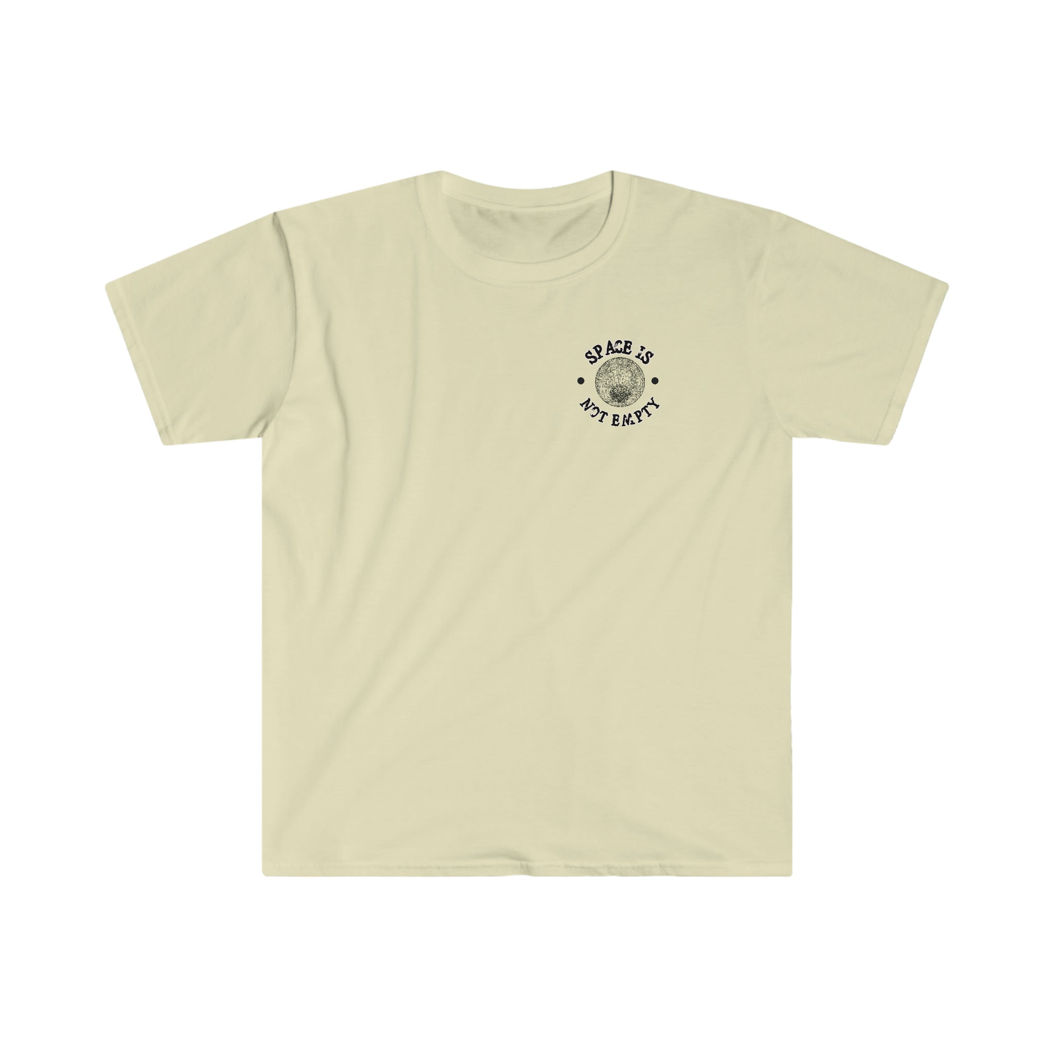 A Deep Deep Space beige t-shirt with a black logo on it. (Brand: One Tee Project)