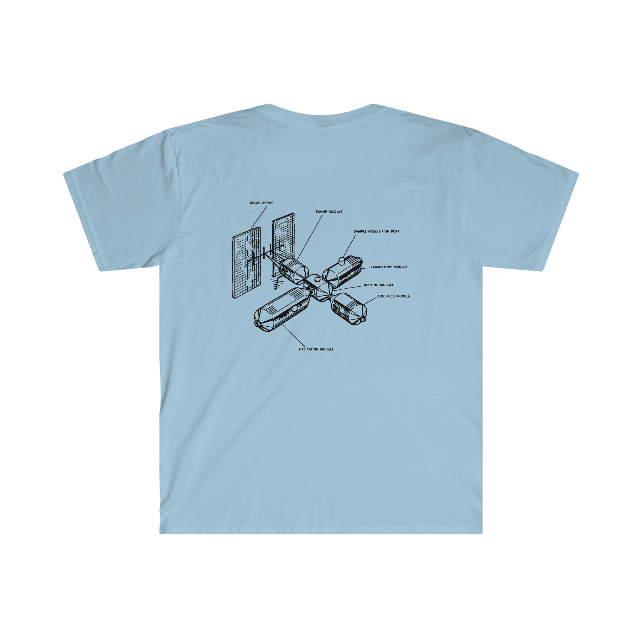 A Space Station T-Shirt with a diagram of a spacecraft and space exploration.