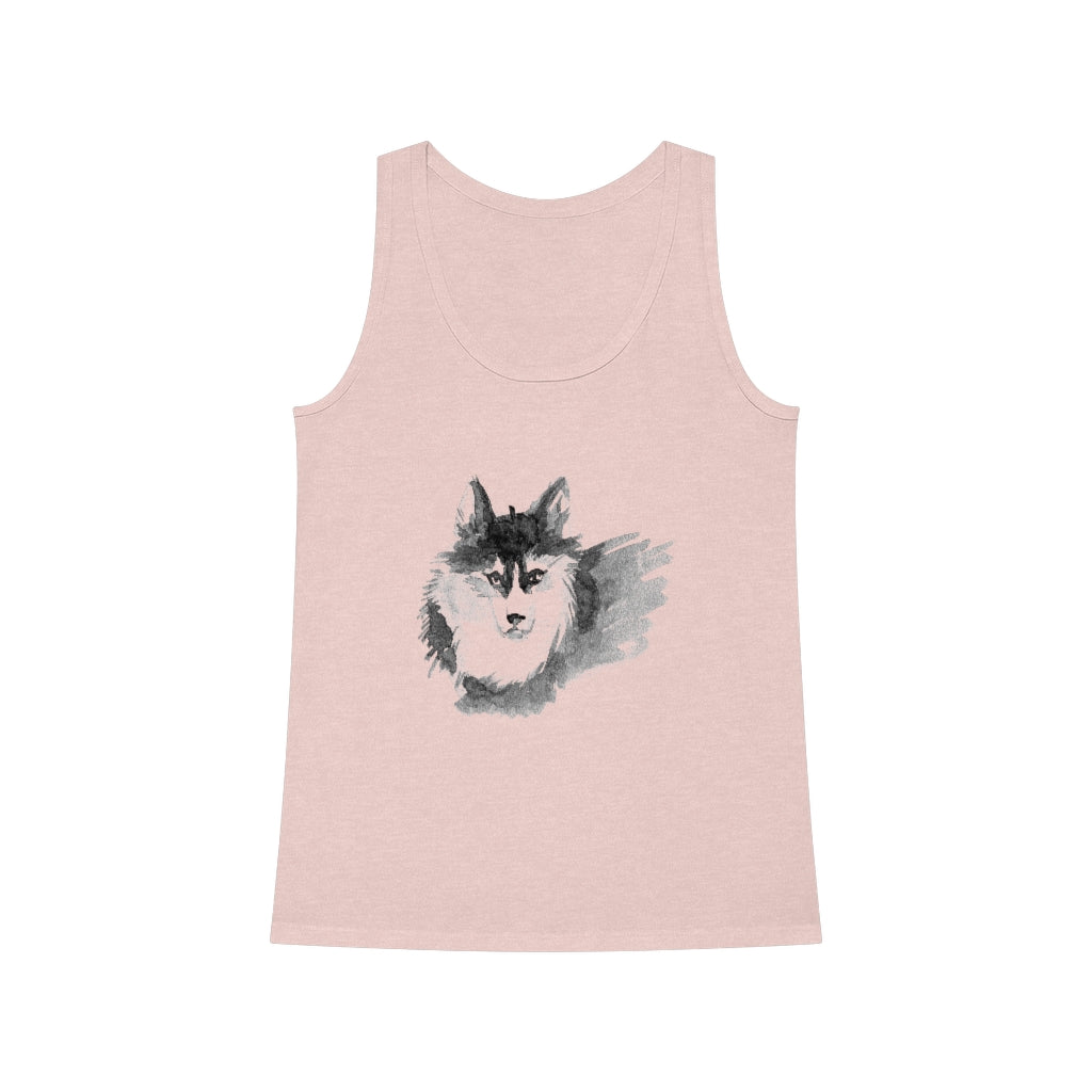 A Wolf Women's Dreamer Tank Top T-Shirt with an image of a husky dog, combining style and the spirit of a dreamer.