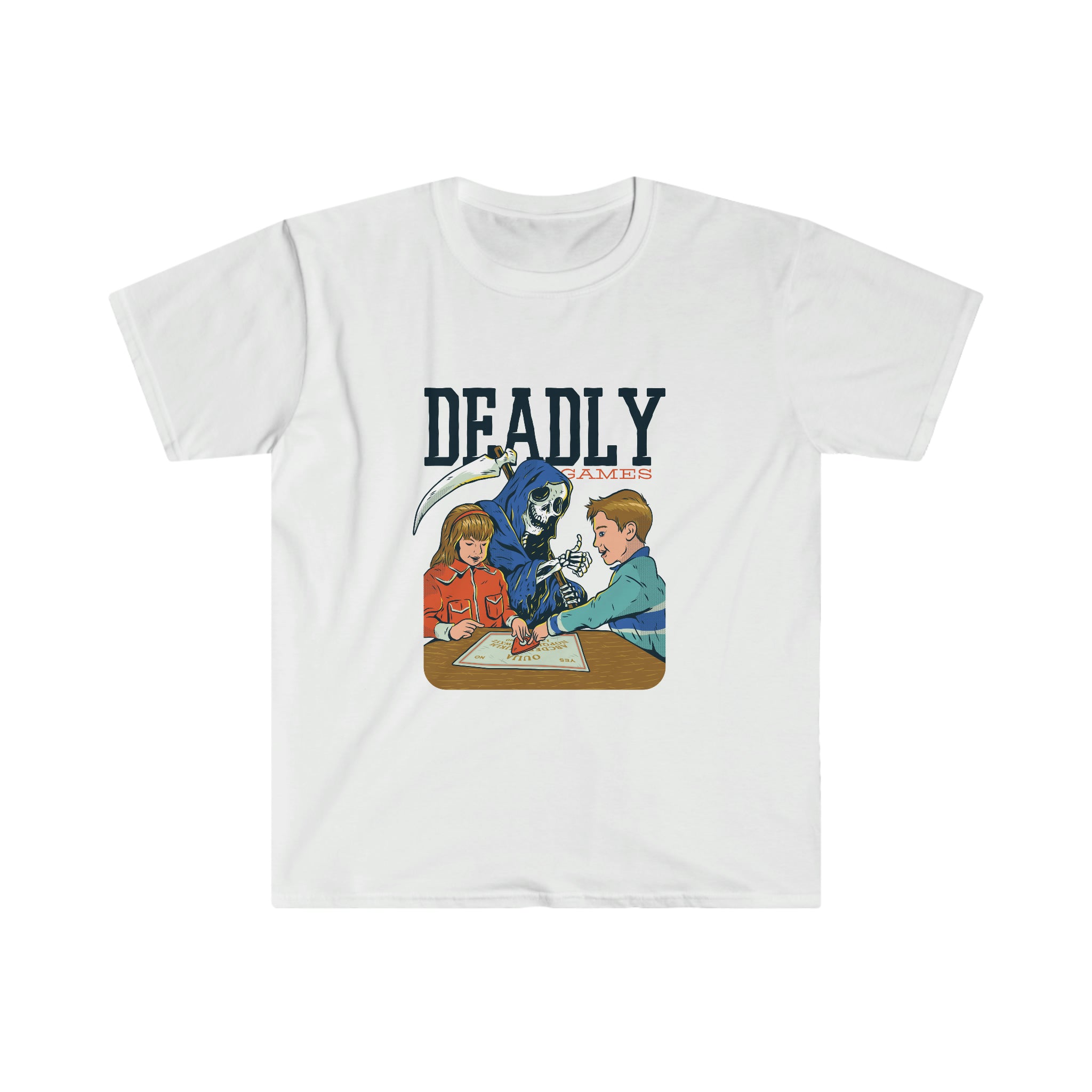A Deadly Games white t-shirt with the words deadly on it from One Tee Project.