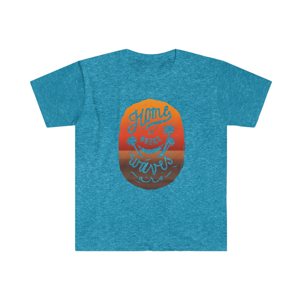 A "Home is Where Waves Are" t-shirt with an image of a skull and sunset, perfect for the beach babe.