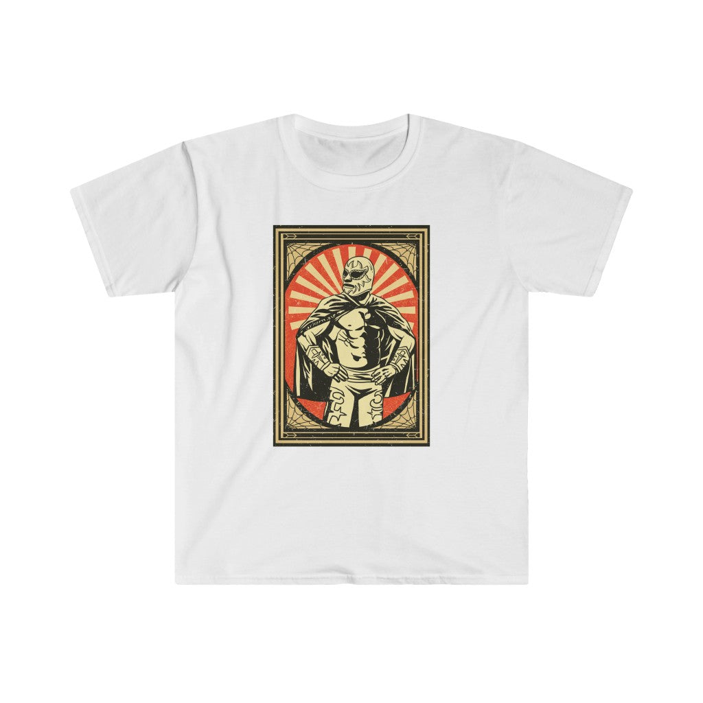 A Mexican Wrestler T-Shirt featuring a Mexican Wrestler T-Shirt with an image of a man holding a sword in luchador style.