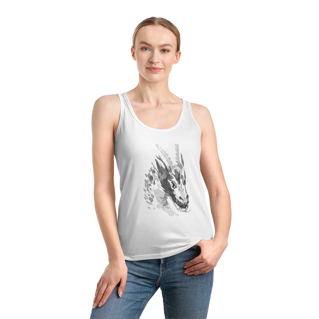 A woman wearing a Dragon Women's Dreamer Tank Top made of organic cotton, featuring an image of a dragon.