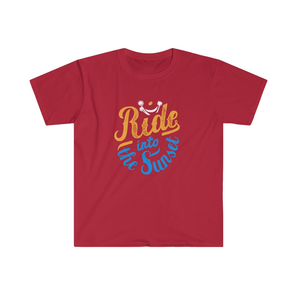 Get ready for summer with this Ride Into the Sunshine T-Shirt. This vibrant red tee is perfect for a sunny day outing, featuring a fun design that says "ride with the sun." Em