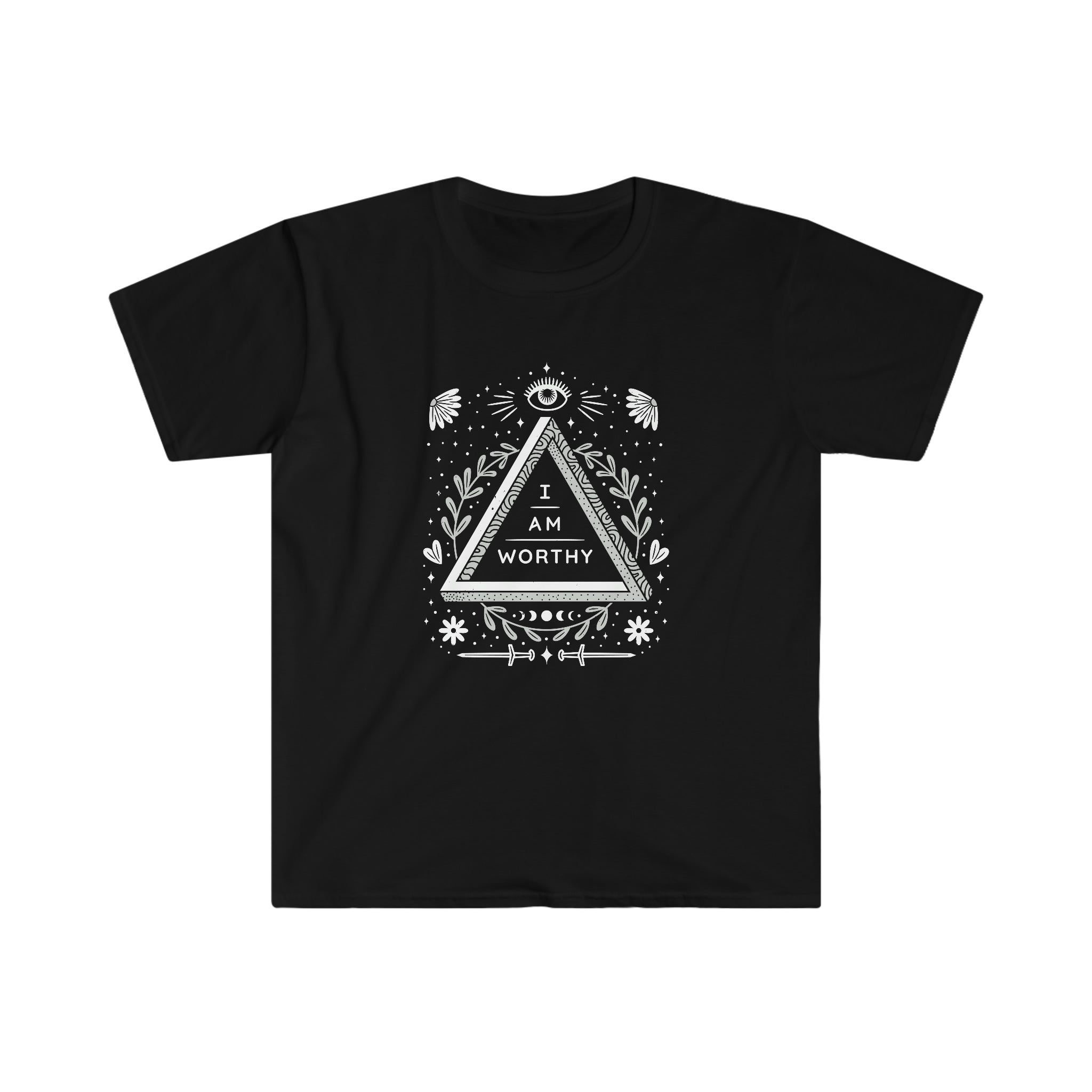 A confident I Am Worthy T-Shirt featuring an image of a triangle and a flower.