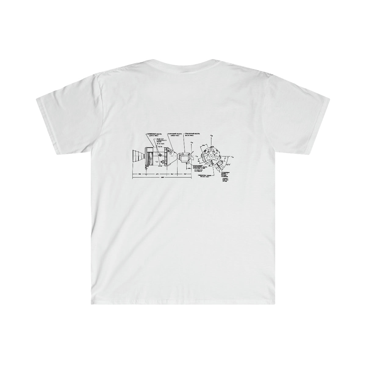 A white Deep Space Shuttle t-shirt with a drawing of a machine by One Tee Project.