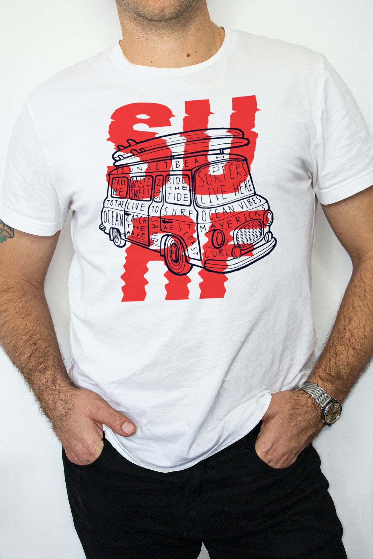 A man wearing a Surf Van T-Shirt, perfect for casual fits and beach days.