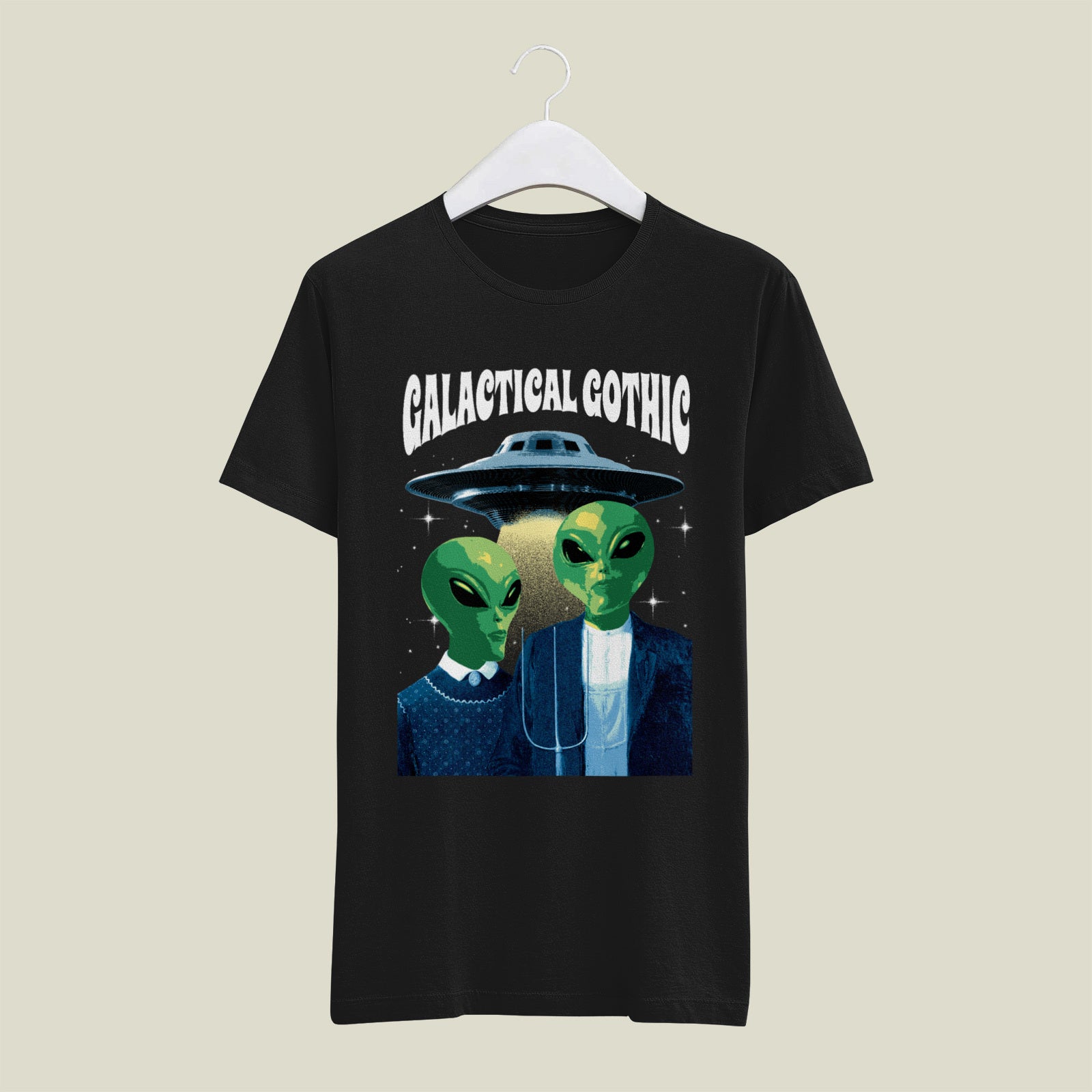 A black American Gothic UFO T-shirt with two aliens.